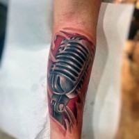 3D natural looking microphone under skin tattoo on arm