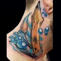 3D nice detailed funny pencil and paint brush tattoo on neck