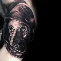 3D portrait style detailed arm tattoo of plague doctor in hood