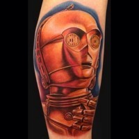 3D real photo like colored C3PO tattoo on sleeve area