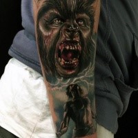 3D realism style colored forearm tattoo of bloody werewolf transformation