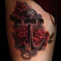 3d realistic anchor tattoo with red roses tattoo