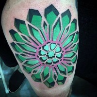 3D realistic awesome painted colored flower shaped tattoo on thigh