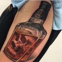 3D realistic big colored bottle with skull shoulder tattoo