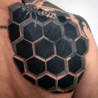 3D realistic black and white bee house tattoo on shoulder