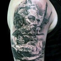 3D realistic black and white Poseidon statue in waves tattoo on upper arm