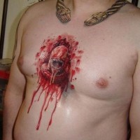 3D realistic bloody Alien tattoo on chest