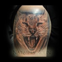 3D realistic colored natural angry cat shoulder tattoo by Natasha Nolin