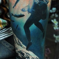 3D realistic colored underwater diver with fish tattoo on arm