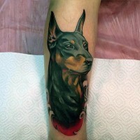 3D realistic colorful dog portrait tattoo on leg
