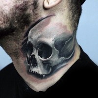 3D realistic detailed human skull tattoo on neck