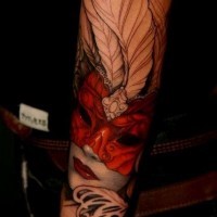3D realistic half colored masked woman with feather tattoo on arm