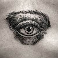 3D realistisches kleines schwarzes mystisches Auge Tattoo am Rücken