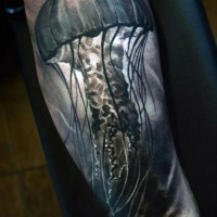 Tatuaje negro blanco en el antebrazo,
medusa impresionante realista