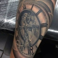 3D realistic looking big mechanic clock tattoo on leg