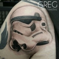 3D realistic looking shoulder tattoo of Storm troopers helmet