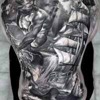 3D realistic massive very detailed Poseidon with old ship tattoo on whole back
