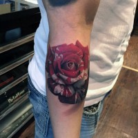 Realistische 3D mehrfarbige detaillierte Rose Tattoo am Arm