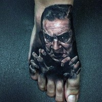 3D realistic old horror movies monster portrait tattoo on foot