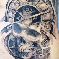 3D realistic painted big skull with antic clock tattoo on waist