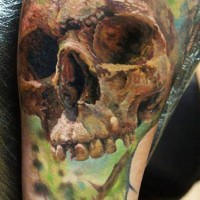 3D realistic photo like colored human skull tattoo on arm