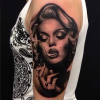 3D realistic smoking lady celebrity charming incredible shoulder tattoo photo lifelike