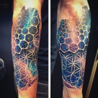 3D realistic space with tribal ornaments tattoo on arm