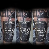 3D realistic very detailed black and white glass on alcohol tattoo on arm