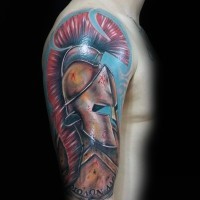 3D realistic very detailed Roman warrior armor tattoo on shoulder with lettering