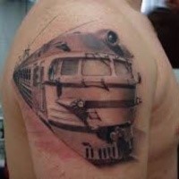 3D style accurate painted upper arm tattoo of old USSR train