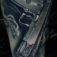 3D style amazing looking black and white forearm tattoo of realistic pistol with bullets