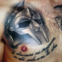3D style amazing looking gladiators helmet tattoo on chest with lettering
