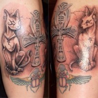 Tatuaje en el brazo,
gatos divinos con escarabajo y anj, tema egipcio