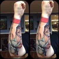 3D style Asian cartoons style colored forearm tattoo of karate kid