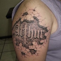 3D style awesome colored corrupted skin tattoo on shoulder with lettering