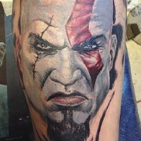 3D style awesome colored evil barbarian tattoo on leg