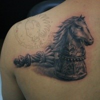 3D style beautiful painted and detailed scapular tattoo of various chess figures