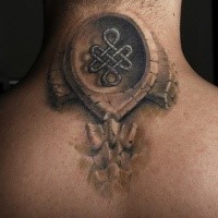 3D style big bones tattoo on neck with Celtic symbol