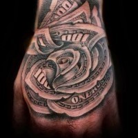 3D style black and white rose shaped hundred dollars banknotes tattoo on hand