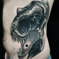 3D style black ink cool looking side tattoo of big dinosaur by Michele Zingales