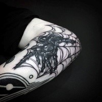 3D style black ink large spider tattoo on forearm