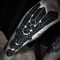 3D style black ink leg tattoo of various figures