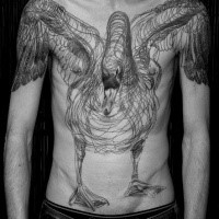 3D style breathtaking looking black ink chest, belly and shoulders tattoo of incredible swan