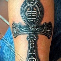 3D style colored Ankh tattoo stylized with various mystical symbols