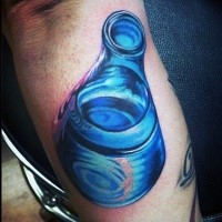 3D style colored arm tattoo of blue bottle with water