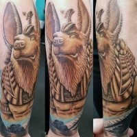 3D style colored arm tattoo of Egypt God statue