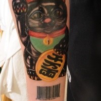 3D style colored arm tattoo of maneki neko japanese lucky cat statuette with barcode