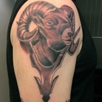3D style colored big shoulder tattoo of goat head with symbol