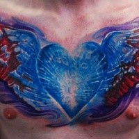 3D style colored chest tattoo of big glowing heart with wings