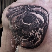 3D style colored chest tattoo of detailed human skull